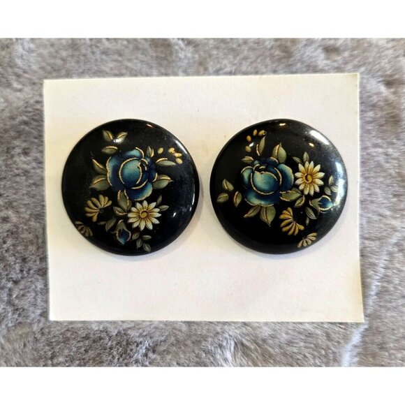 Vintage Black Enamel Floral Earrings 1" Round Hand Painted Wood Stud Post - Picture 2 of 8